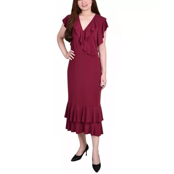 NY COLLECTION Women's Short Flutter Sleeve Ruffle Neck Dress Burgundy Sz… - Picture 3 of 3